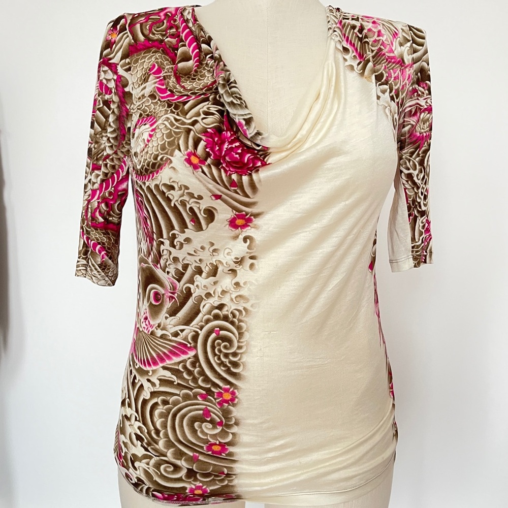 Jean Paul Gaultier Vintage Top Silk Dragon Koi Fish Tattoo Print Sheer Sz Medium